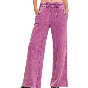#304 ACID WASH FLEECE PALAZZO PANTS WITH POCKETS